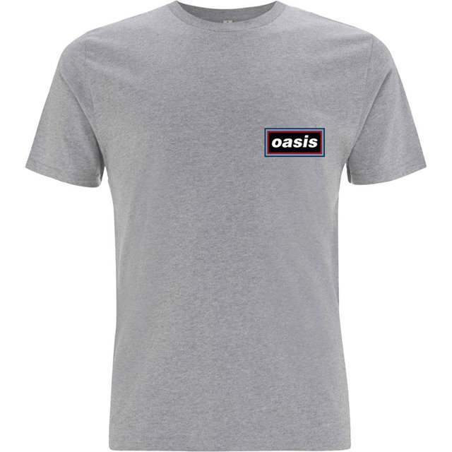 oasis - camiseta rayas para adultos unisex (gris) playera gris 100% algodón con cuello redondo y manga corta, vista frontal centrada con silueta recta y logotipo rectangular 'oasis' en el pecho derecho; tejido suave al tacto, ideal como top casual para uso diario.