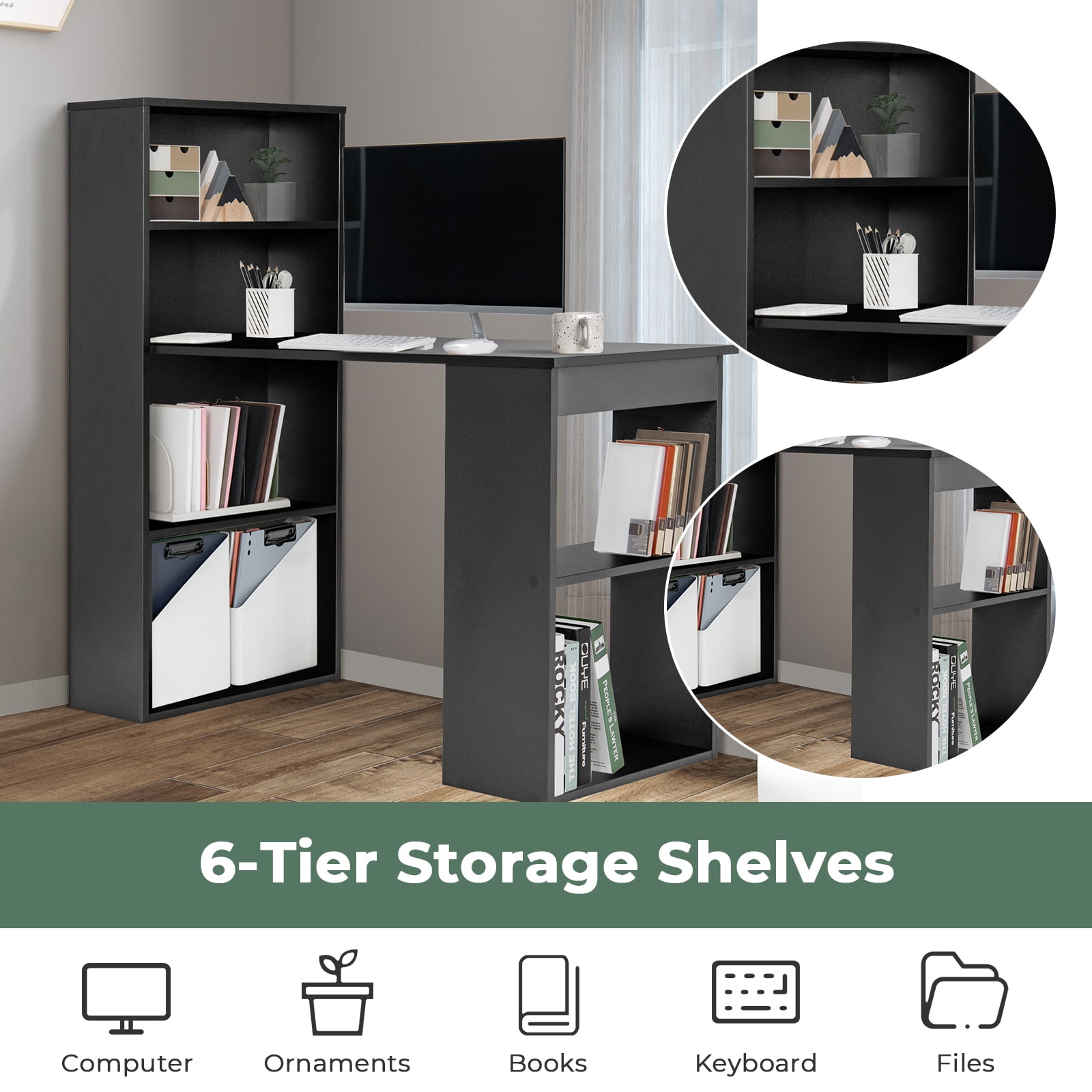 Topbuy 48 Inch Computer Desk with Bookshelf 3-in-1 Home office Desk with 4-Tier Bookcase & CPU Stand Space-saving Reversible Writing Desk Black