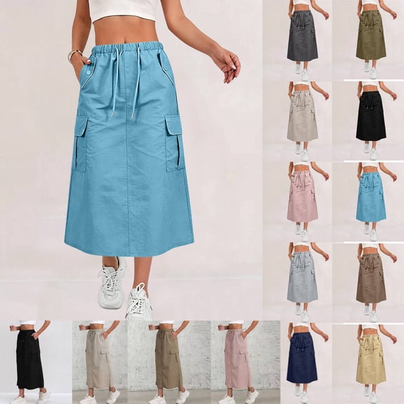Womens Cargo Skirt High Waisted Drawstring Quick Dry Maxi Skirt Trendy Back Slit A Line Long Skirts Summer Skirts Blue XL