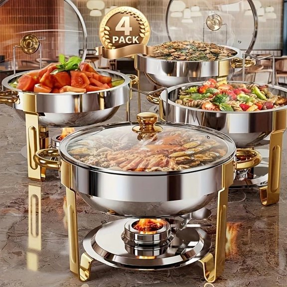 4 Pack Pre-Assembled 5QT Stainless Steel Chafing Dish Buffet Warmer Set with Food & Water Pan, Lid for Banquets, Catering, Party Holiday Events