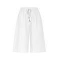 thumbnail image 6 of Ecqkame Women's Bermuda Knee Length Shorts Cotton Linen Casual Cargo Shorts Solid Color Elastic Waist Workout Shorts 01-White 01-01-White, 6 of 6