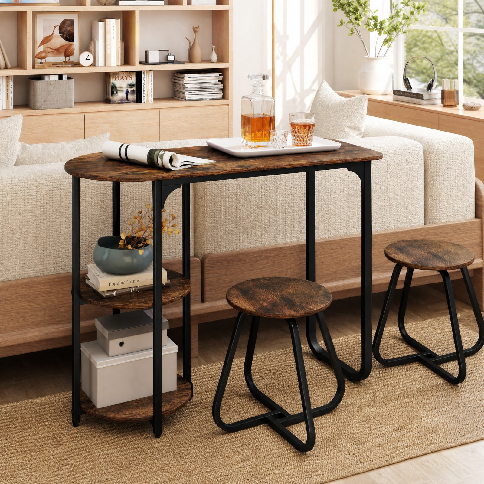 Furnibear 3 Piece Industrial Dining Table Set for Small Space with 2 Stools and Side Shelves for Kitchen and Apartment, Rustic Brown