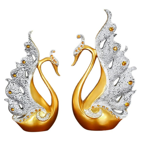 Peacock Ornaments, 2PCS Natural Resin Desktop Peacock Sculpture for TV Cabinet Gold and White 30cm/11.8in Height