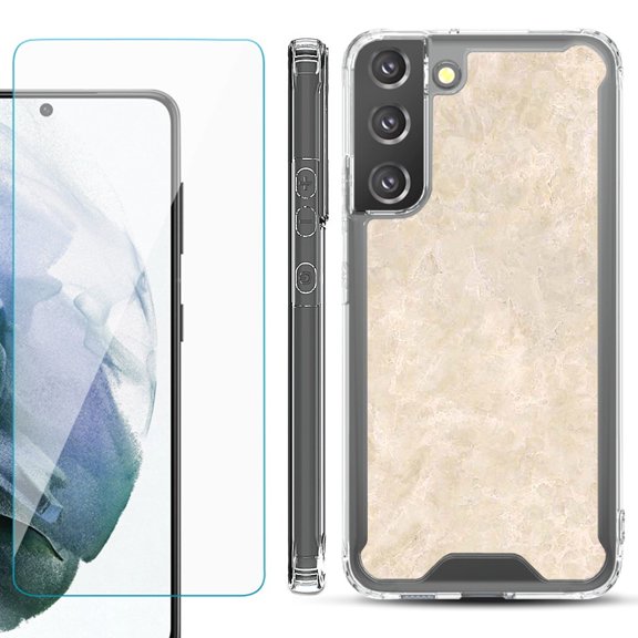 Shockproof Bumper Phone Case for Samsung Galaxy S22 5G, with Tempered Glass Screen Protector, by OneToughShield ® - Marble / Latte