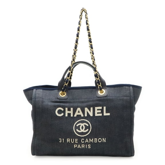 Pre-Owned CHANEL Deauville Tote MM Medium Bag Shoulder Chain Denim Navy A67001