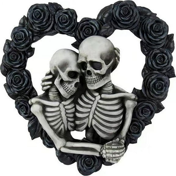 Love Never Dies Skeleton Couple Embracing in A Heart Shaped Black Roses Halloween Wreath Gothic Wall Decor Hanging Sculpture Decorations for Home Door Living Room (7.87")