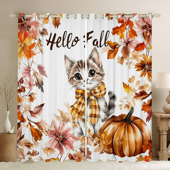Manfei Cute Cat Kitten Black Out Curtains for Teens, Fall Maple Leaf Pumpkin Curtains Pack of 2 (42x63 Each), Kawaii Animal Bedroom Curtains, Window Curtains Bedroom Decor