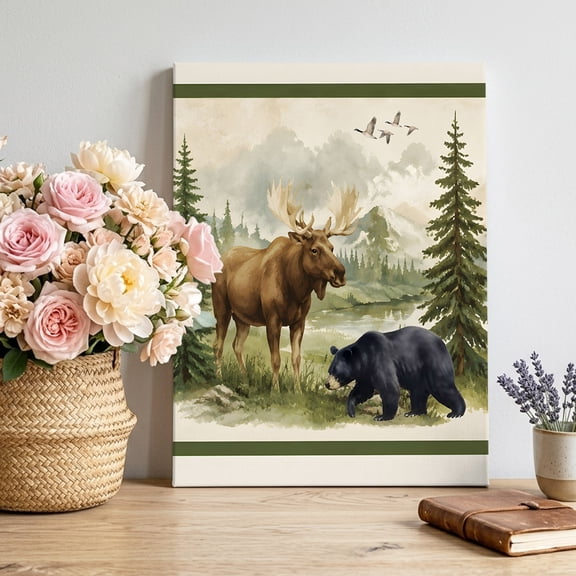 Canvas Wall Art Deer Bear Canvas Art Print Rustic Green Pine Forest Mountain Natural Wilderness Pictures Wall Decor for Living Room Bedroom Artwork Decorations Stretched Framed Ready to Hang 11"x14"