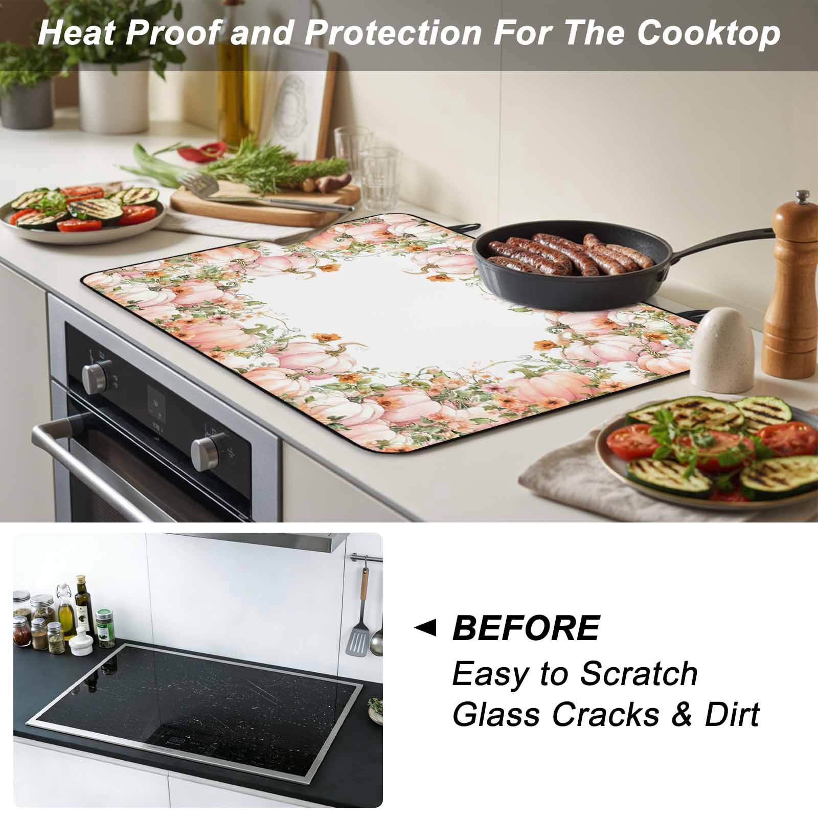 Thanksgiving Fall Stove Top Cover for Electric Stove, Heat-proof & Non Slip Glass Top Stove Cover Protector, Pink Orange Ombre Pumpkin Floral Botanical Kitchen Flat Cooktop Rubber Mat 24x21 Inches