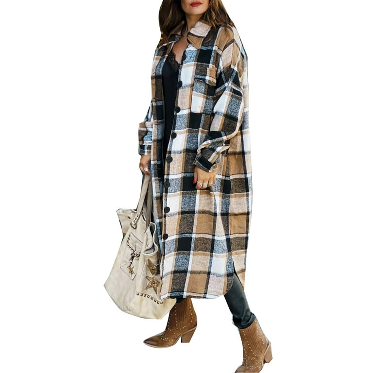 Aunavey Women's Lounge Coat Lapel Button Up Long Sleeve Plaid Long Shirt  Jacket Shacket - Walmart.com