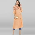 thumbnail image 3 of Janasya Indian Round Neck 3/4 Sleeve Floral Print Peach Poly Crepe Kurta For Women, 3 of 7
