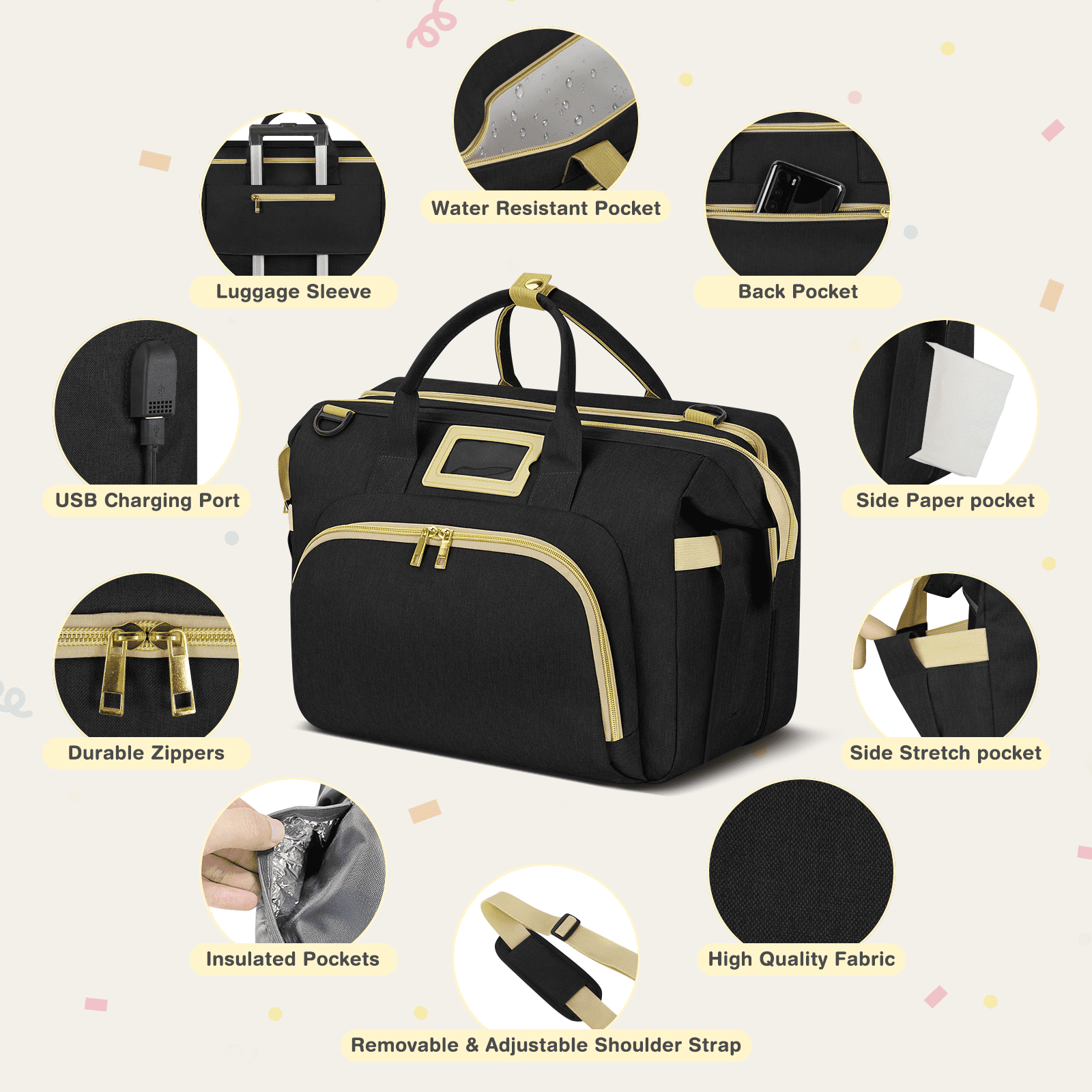 Diaper Bag Tote, Multifunctional Baby Changing Bag with Insulated Milk Bottle Pockets, Large Capacity Travel Backpack W/ USB Charging Port & Stroller Straps, Portable Newborn Baby Bags(Black)