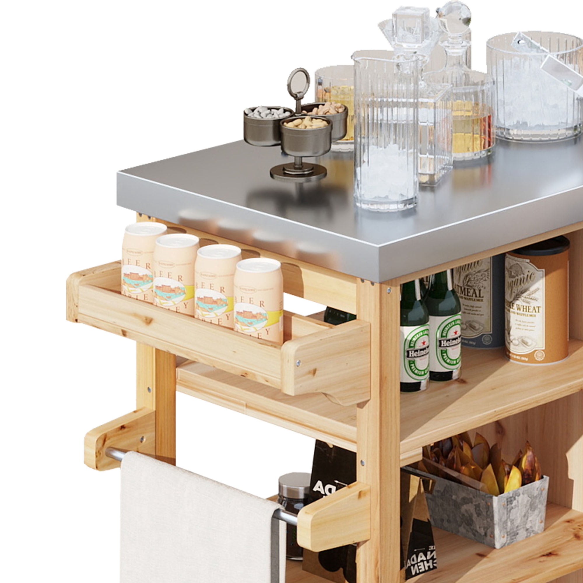 Uforic Outdoor Grill Table Solid Wood Storage Cabinet, Rolling Kitchen Island, Movable Bar Cart with Stainless Steel Top