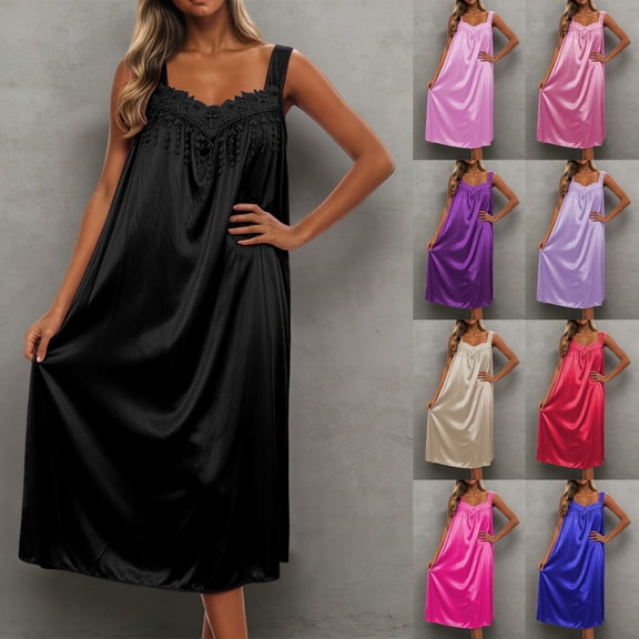 Women's Sleeveless Ice Silk Nightgown, Plus Size Loose Summer Sleepwear, Lace Trim Satin Loungewear Dress, Cooling Nightshirt, Oversized Comfy Pajamas, Breathable Silky House Dress for Ladies