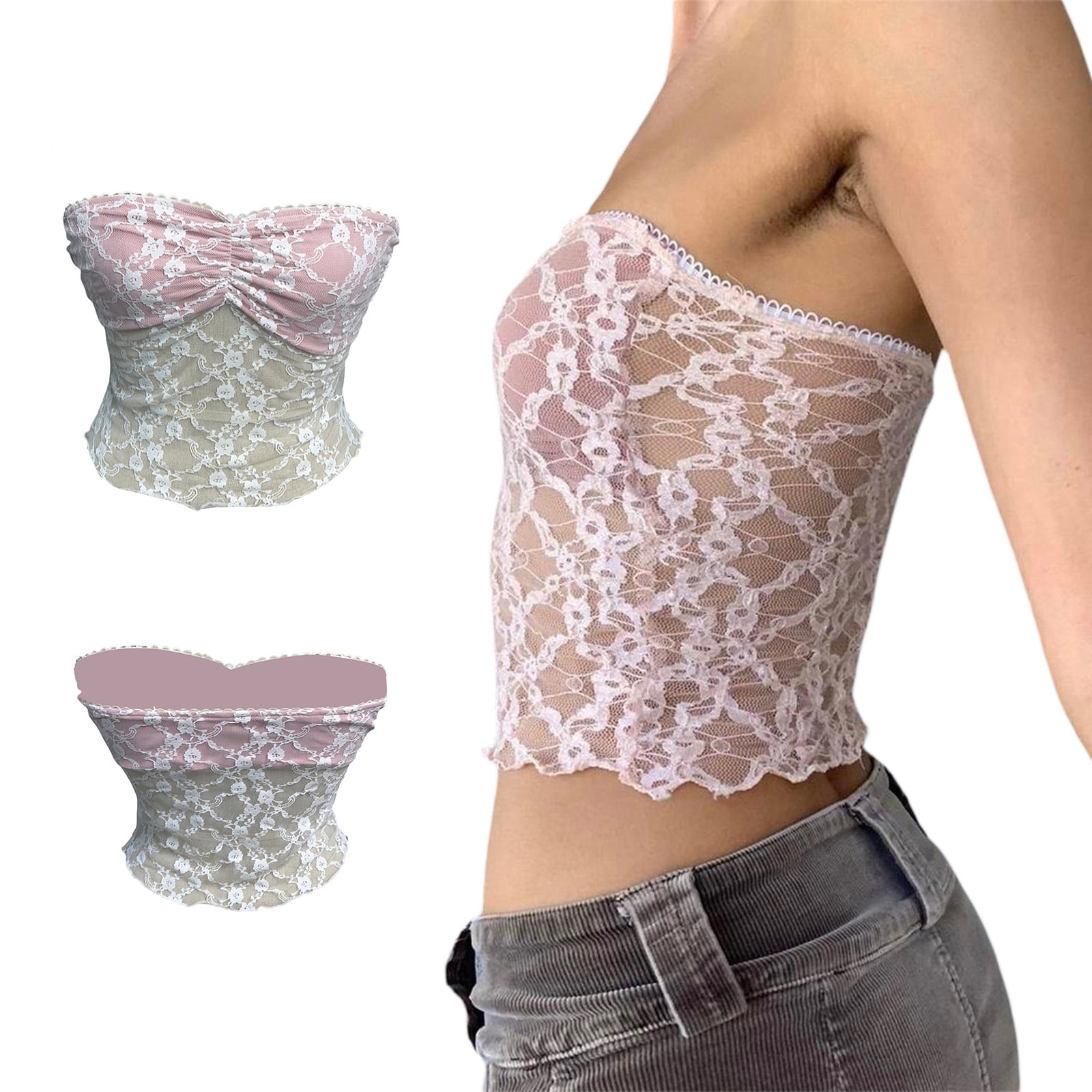 TFFR Women Floral Lace Tube Top, Sheer Mesh See Through Crop Tops Strapless  Wrap Tank Tops 