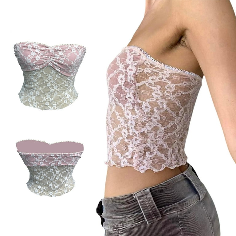 Womens Floral Mesh Crop Top Tube Top Sexy Strapless Lace Wrap Chest Bandeau  Tops Summer Top