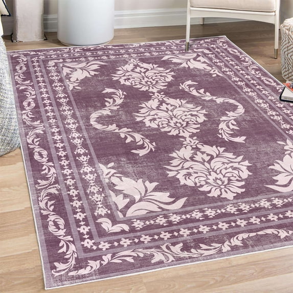 Bohemian Decorative Rug, Vintage Damask of Swirling Floral Motifs Boho Ethnic Forms and Shapes, Quality Carpet for Bedroom Dorm and Living Room, 6 Sizes, Plum and Champagne, by Ambesonne