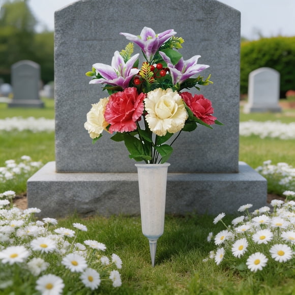 Memorial Day Cemetery Flowers for Grave,Patriotic Outdoor Grave Decorations Bouquet with Cemetery Vase, Memorial Flowers for Gravesite, Weather Resistant Grave Flower for Cemetery Decor