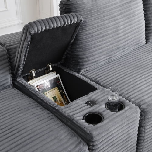 150" Oversized L-Shape Sectional Sofa with Deep Seat, Cup Holders & USB Ports, Corduroy Cloud Couch with Hidden Storage, Grey