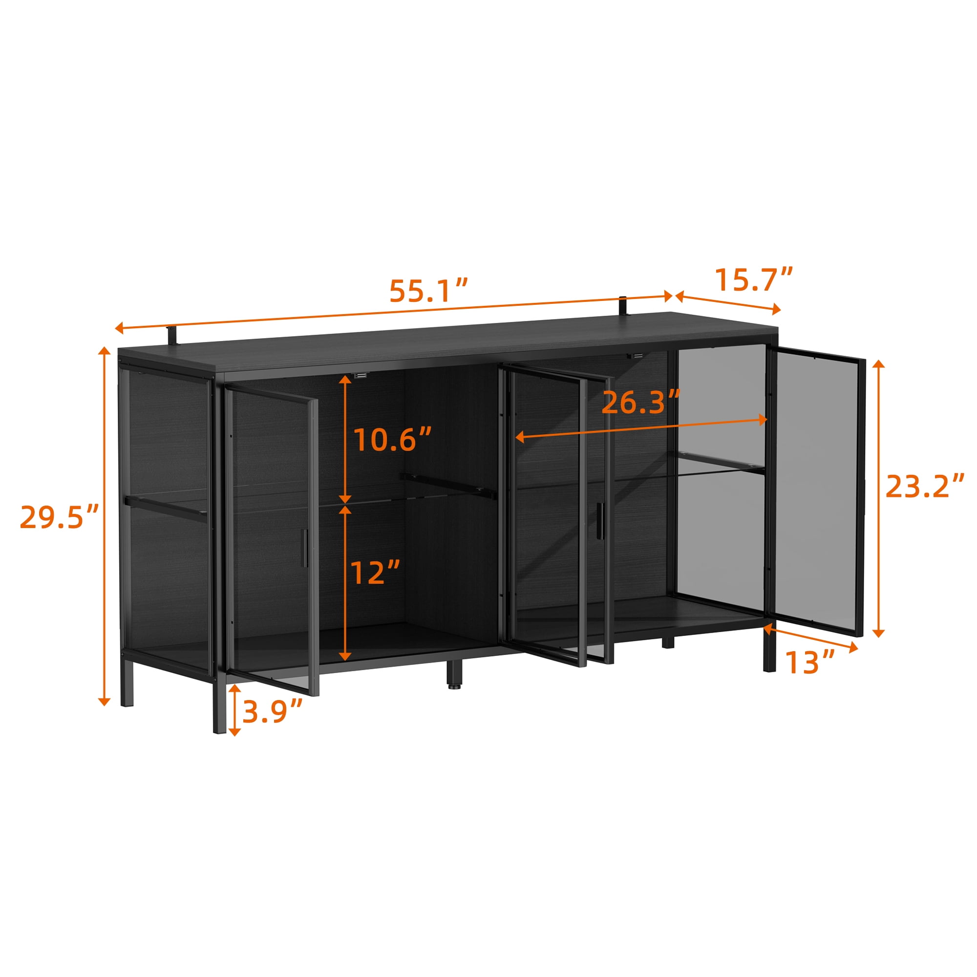 WIAWG Storage Cabinet with 3-Color LED Lights, Glass Shelves & 4 Compartments, Sideboard Buffet for Living Room Dining Room, Black