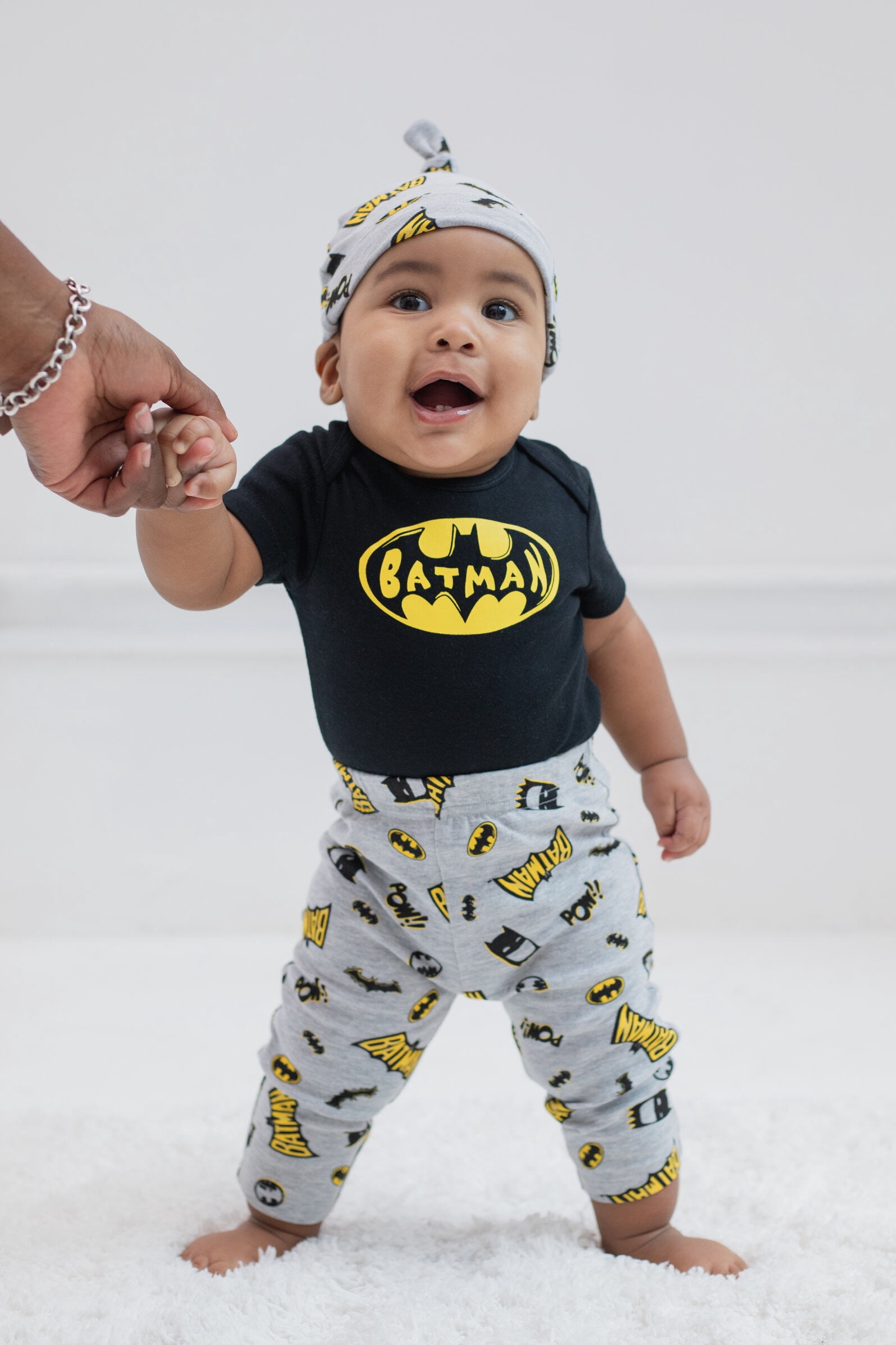 DC Comics Justice League Batman Infant Baby Boys Bodysuit Pants and Hat 3 Piece Outfit Set Newborn to Infant