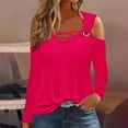 thumbnail image 3 of Scyoekwg Womens Tops Fall Loose Trendy Dressy Casual Comfy Clothes for Women Solid Color V-Neck Cold Shoulder Tops Long Sleeve Pullover Tops Blouses(Hot Pink,S), 3 of 5