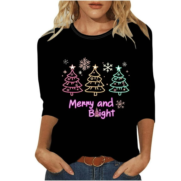 Christmas Tee Shirts for Women Casual Loose 3/4 Sleeve Tops Funny Red Wine Glass Graphic Pullover Fall Trendy Outfits