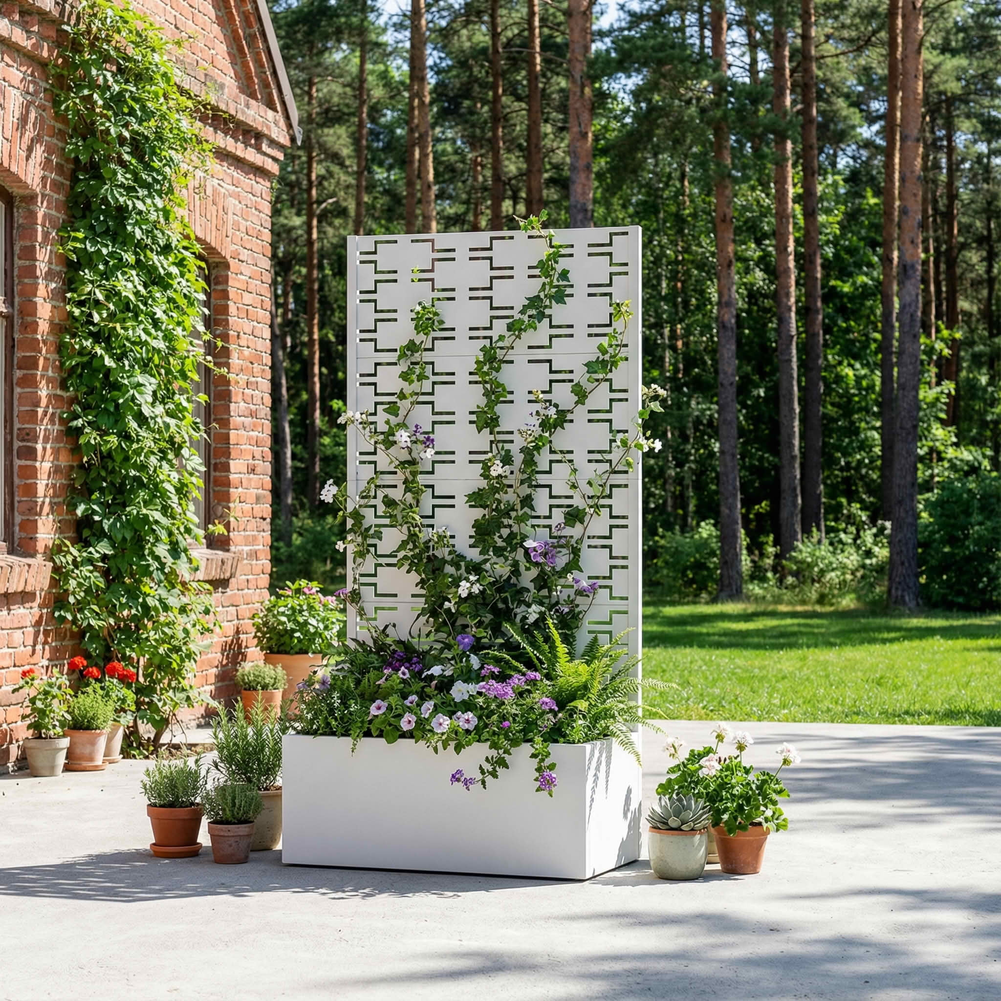MAYEERTY 59X30" Metal Outdoor White Privacy Screen with Planter Box for Backyard & Garden, 4 Piece Set