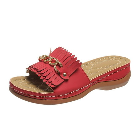 

Women s Comfort Slides Metal Chain Fringe Beach Slippers Women s Orthopedic Wedge Sandals Non Slip Platform Sandals with Arch Support Casual Wedge Sandals Vintage Bohemian Wedge Slippers