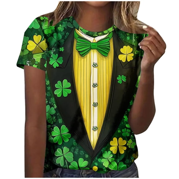 HAiming St Patricks Day Shirt for Women Cute Green Printed Patty's Party Short Sleeve Tops Shamrock Graphic Tshirts