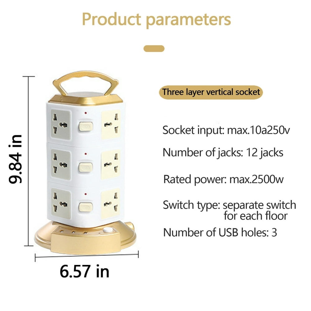 LEEYNEER Power Strip Surge Protector-Power Strip Tower with 3 USB Ports&16  Socket Plugs   6.6 Feet Long Extension Cord- Charging Station Vertical Sock