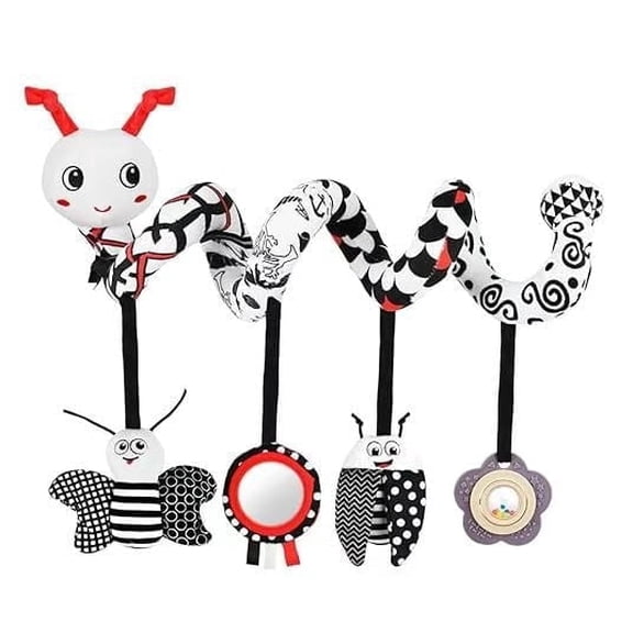 Molucky Spiral Plush Sensory Hanging Stroller & Car Seat Toy with 4 Pendants, Black White
