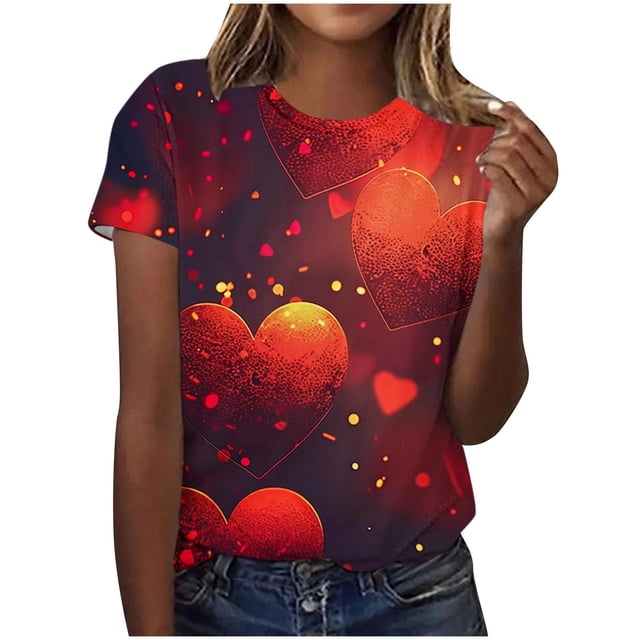 Hyknon Hauts pour Femmes Été Saint-Valentin Imprimé Décontracté Pull Col Rond Manches Courtes Haut Doux Polyvalent pour Sortir