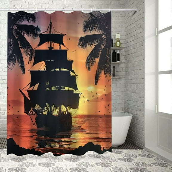 BCIIG  Pirate Shower Curtain, Buccaneers Ship Sailing on Mysterious Waters Tropic Palm Trees Grunge, Cloth Fabric Bathroom Decor Set with Hooks,