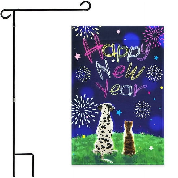 G128 Sets: 36"x16" New Year Garden Stand AND 12"x18" Garden Flag Dog and Cat