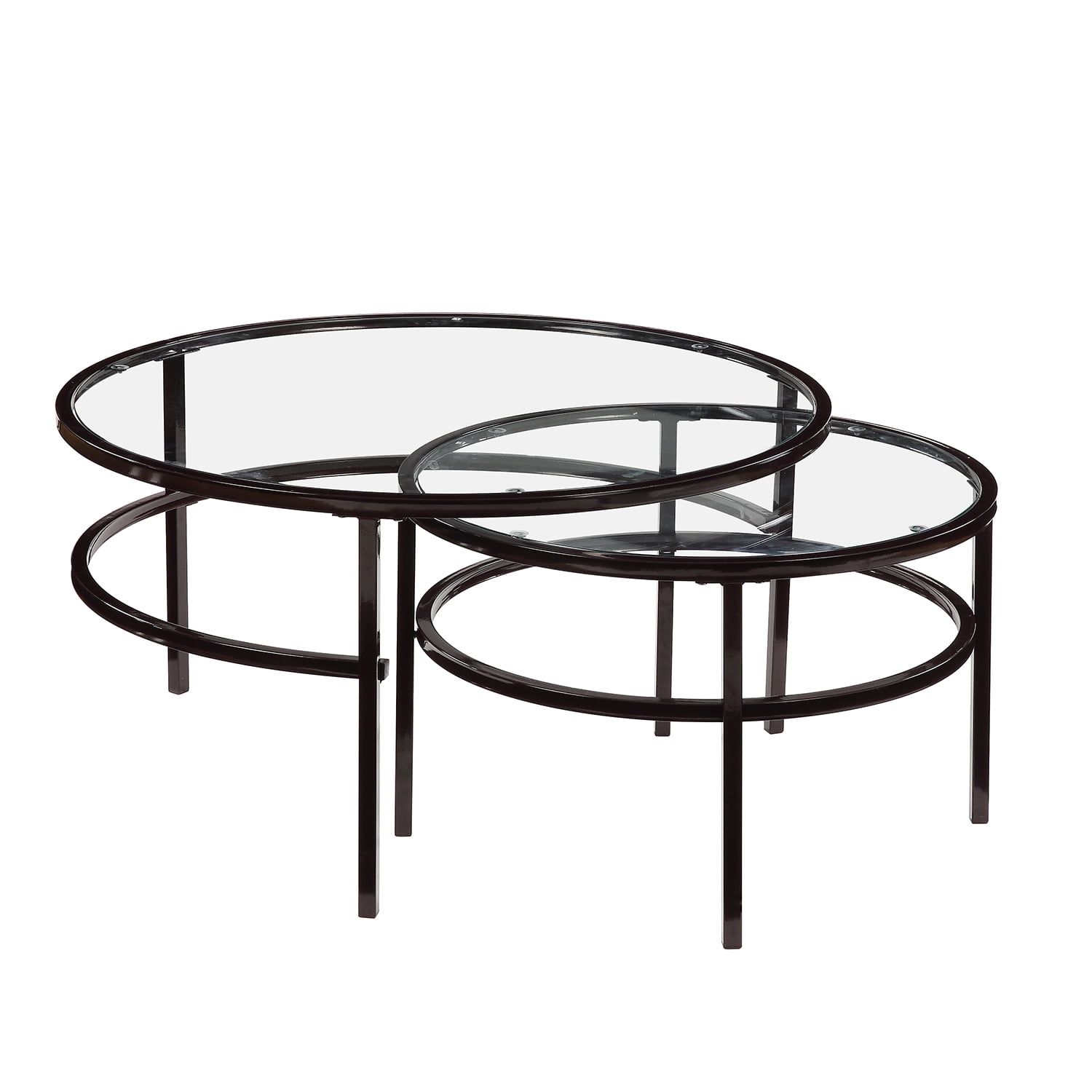 Kutti 2 Set Glass Round Table,Crest Nesting Round 2 Piece Coffee Table Set Mid-Century Modern Design Elegant Black