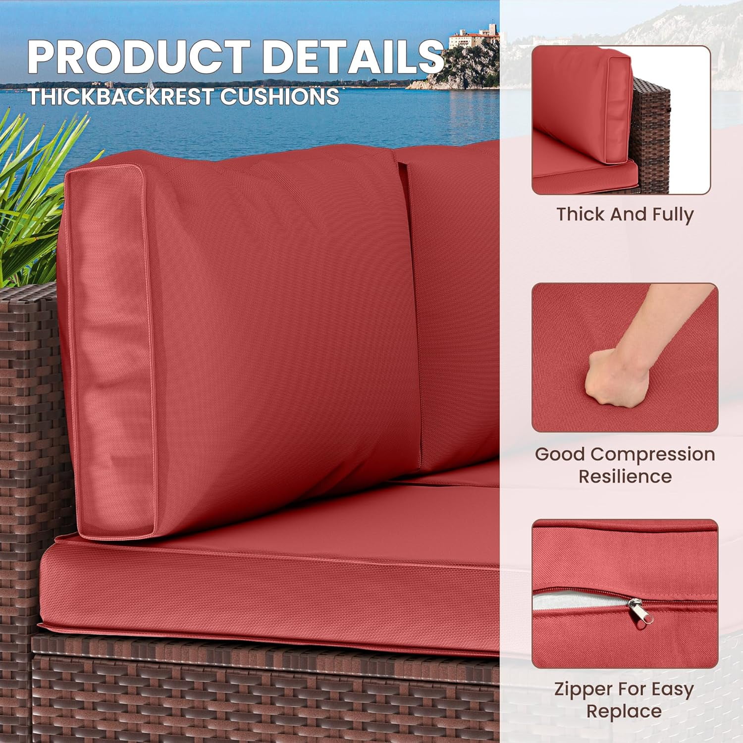UDPATIO Outdoor Replacement Cushions for Patio Furniture, Waterproof Patio Cushions for 6-Seat Sectional Patio Conversation Sets, 14-Piece Outdoor Cushion Slipcovers Patio Sofa Cushions (Red)