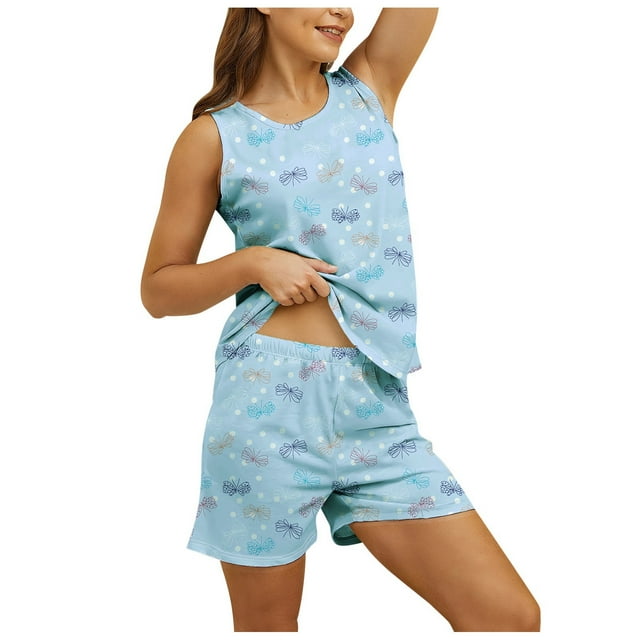 Fgnfyis Ensemble de Pyjama d'Été à la Mode pour Femmes, Col Rond, Short Imprimé, Gilet, Pantalon de Pyjama, Ensemble de Pyjama Bleu P
