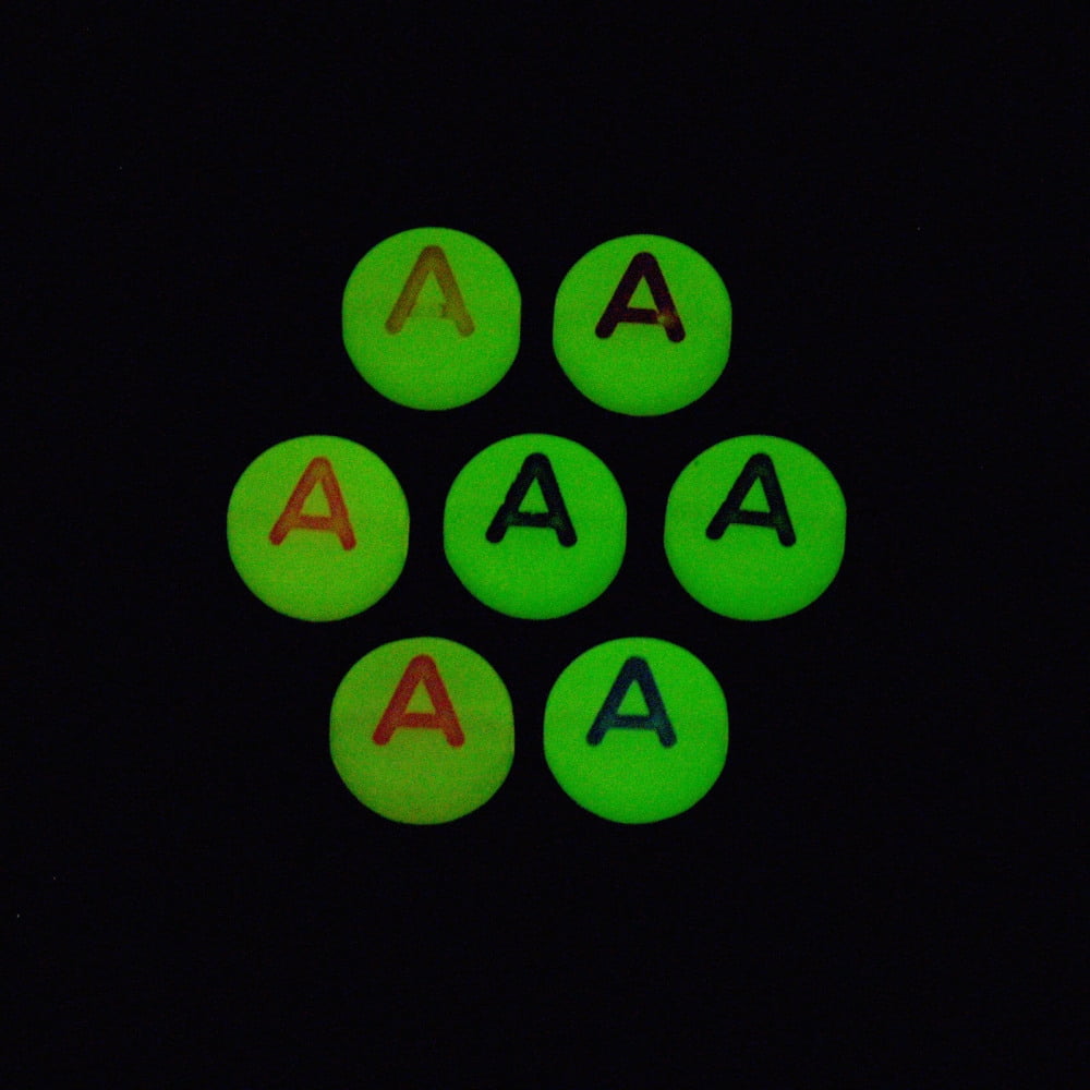 Acrylic Beads Glow in the Dark with Enamel and Luminous Horizontal Hole Flat Round with Alphabet Letter.S 6.5x7x4mm Hole: 1.6mm 3600pcs/500g