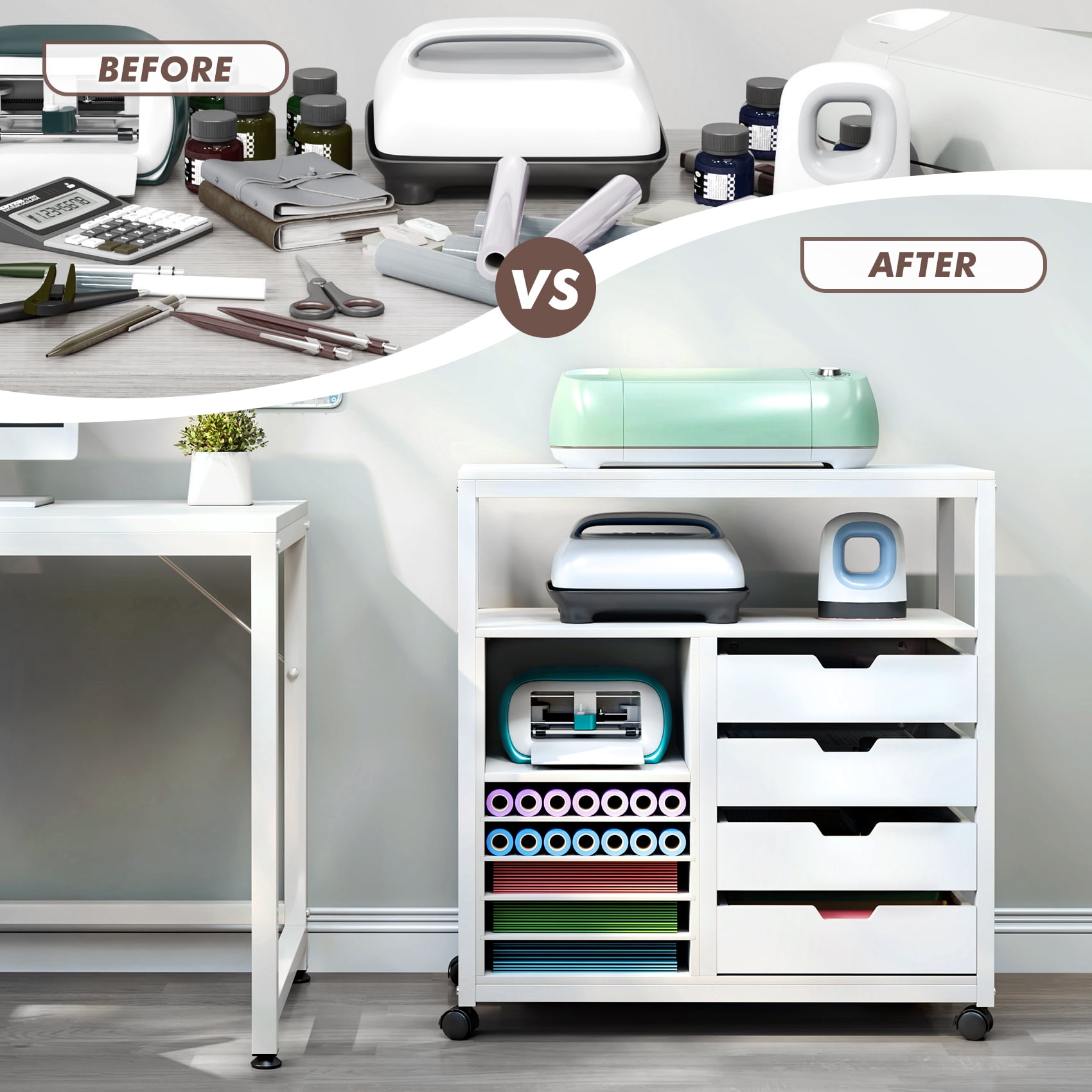 TC-HOMENY Mobile Craft Storage Utility Cart Compatible w/ Cricut Machines, Multifunctional Craft Organizer Container w/ Large Space, Rolling Modern Furniture w/ Wheels, White