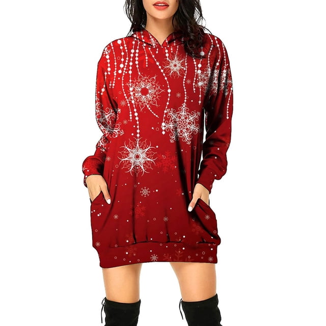 Robes de Fête de Noël pour Femmes Imprimé de Noël Manches Longues à Capuche avec Poche Robe Tunique Sweat-Shirt (Taille: 2TG)