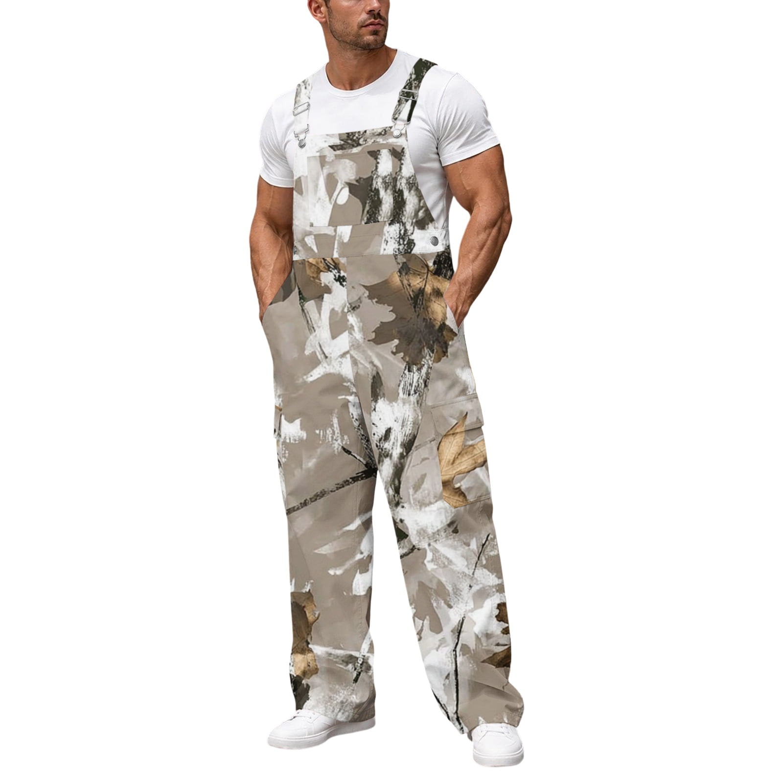 Havenx Men s Camo Hunting Bib Overalls Adjustable Straps Decayed Leaf Print Wide Leg Bib Overalls with Cargo Pockets Camouflage Jumpsuits Pants Camping Fishing Hiking Outdoor Work Outfits