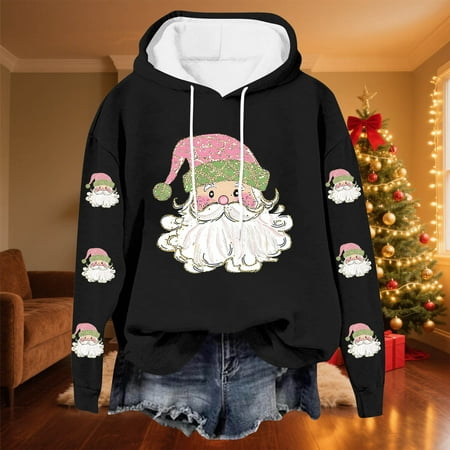 ClodeEU Women s Christmas Graphic Fleece Hoodeid Sweatshirt Drop Shoulder Pullover Sweatshirt Top Black Womens Plus XXXL