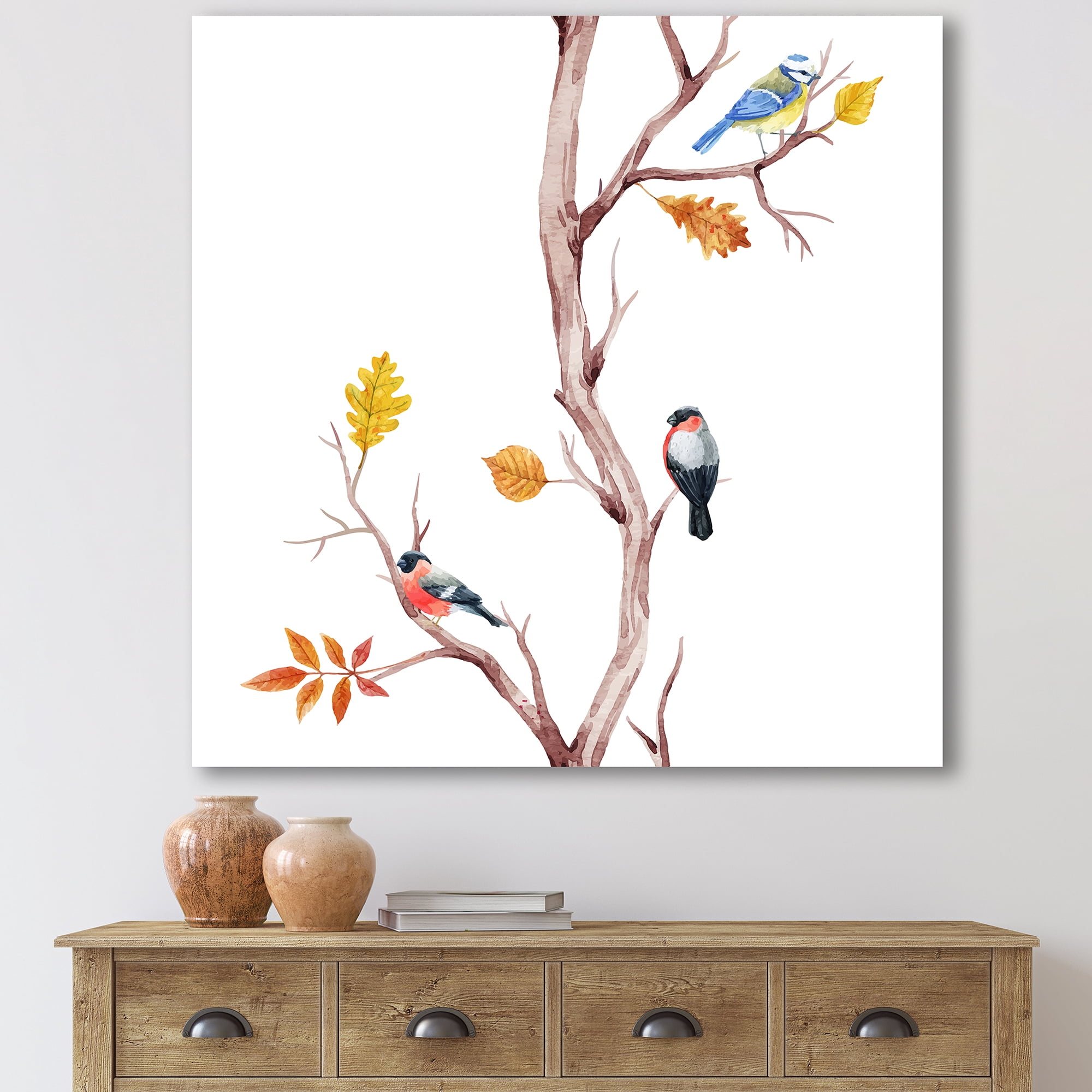 Designart ' Little Birds Sitting On The Tree Branches IV ' Traditional Canvas Wall Art Print