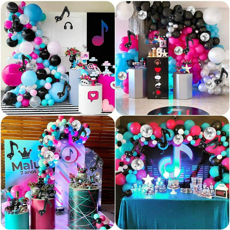 Specool Tik Tok Musical Birthday Party Decorations Balloon Garland Arch Kit 131pcs Hot Pink Black White Tiffany Blue and Music Note Foil Balloons for