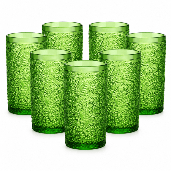 13 oz Green Drinking Glasses Set of 8, Vintage Glassware for Water Juice Iced Coffee Cocktail, Colored Drinkware Embossed Fern Ribbed Pattern for Party Home Bar Wedding (Highball)