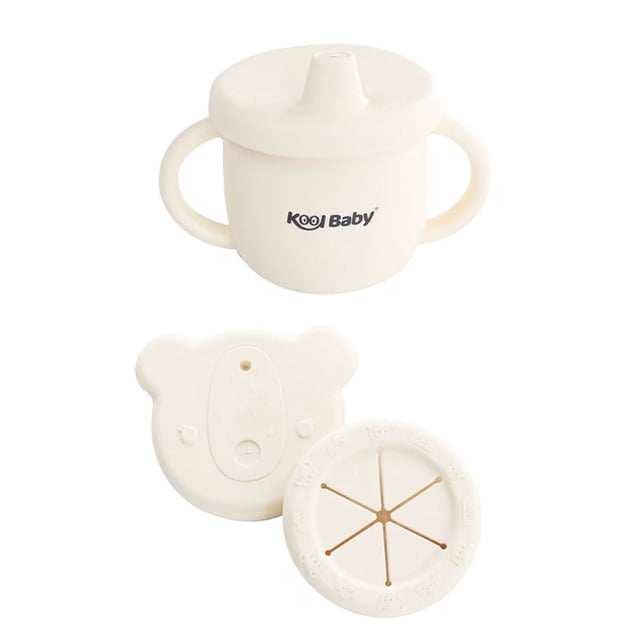 taza de silicona kool baby con 3 tapas intercambiables ivory Taza entrenador Ivory con dos asas y logo Kool Baby, tapa con pico vertedor visible y dos tapas intercambiables adicionales (válvula blanda y cierre tipo flor); superficie lisa de silicón libre de BPA, diseño ergonómico y fondo neutro. Ideal para la transición del biberón al vaso.