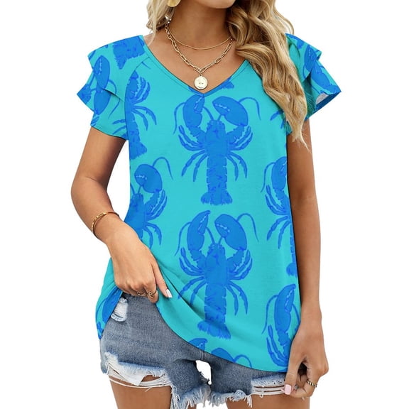 Blue Maine Lobster Lotus Leaf Neck Women'S T-Shirt Cute Elegant Tops Tees Long Sleeve T-Shirts Casual Shirts Maine Cape Summer
