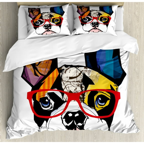 Bulldog Queen Size Duvet Cover Set, Colorful Abstract Illustration of a Canine Animal with Glasses Modern Art Style, Decorative 3 Piece Bedding Set with 2 Pillow Shams, Multicolor, by Ambesonne