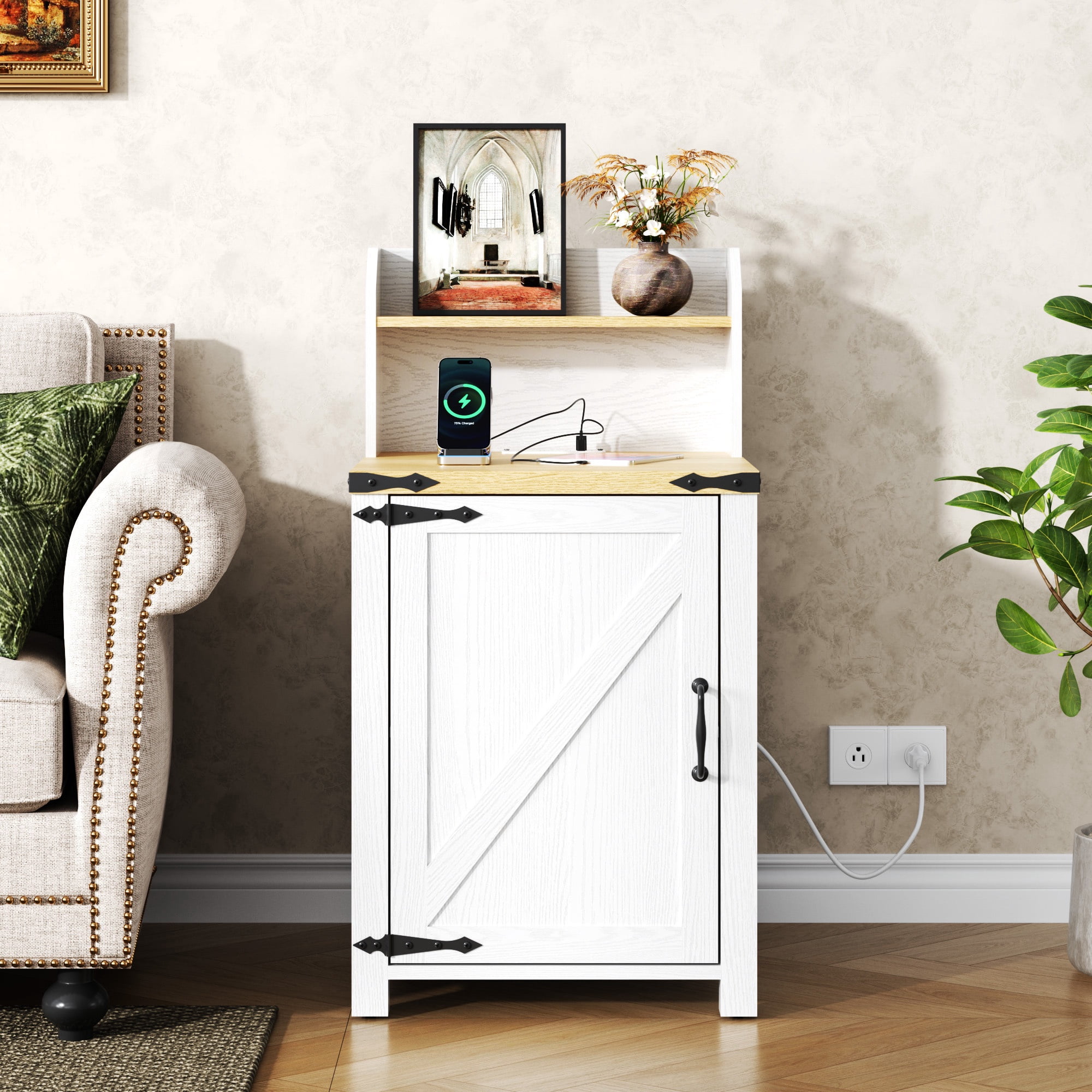 Holaki 18" Nightstand with Charging Station, End Table with LED Lights Strips, Rustic Wood Bedside Table with Adjustable Storage Shelf & Barn Door, Versatile Nightstand for Bedroom Living Room, White
